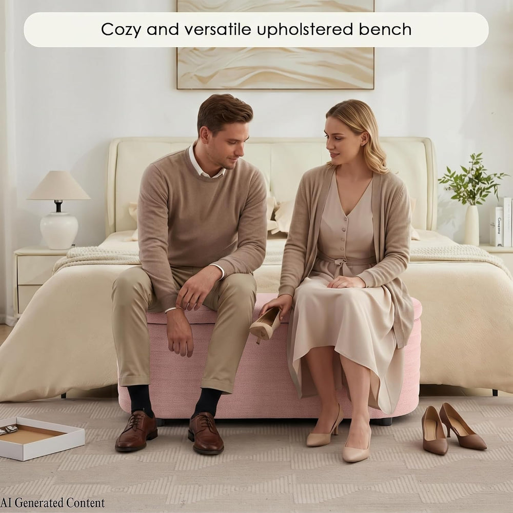 45.5" Modern Storage Ottoman Bench, Pink | Boucle Bench, Linen Fabric, S...