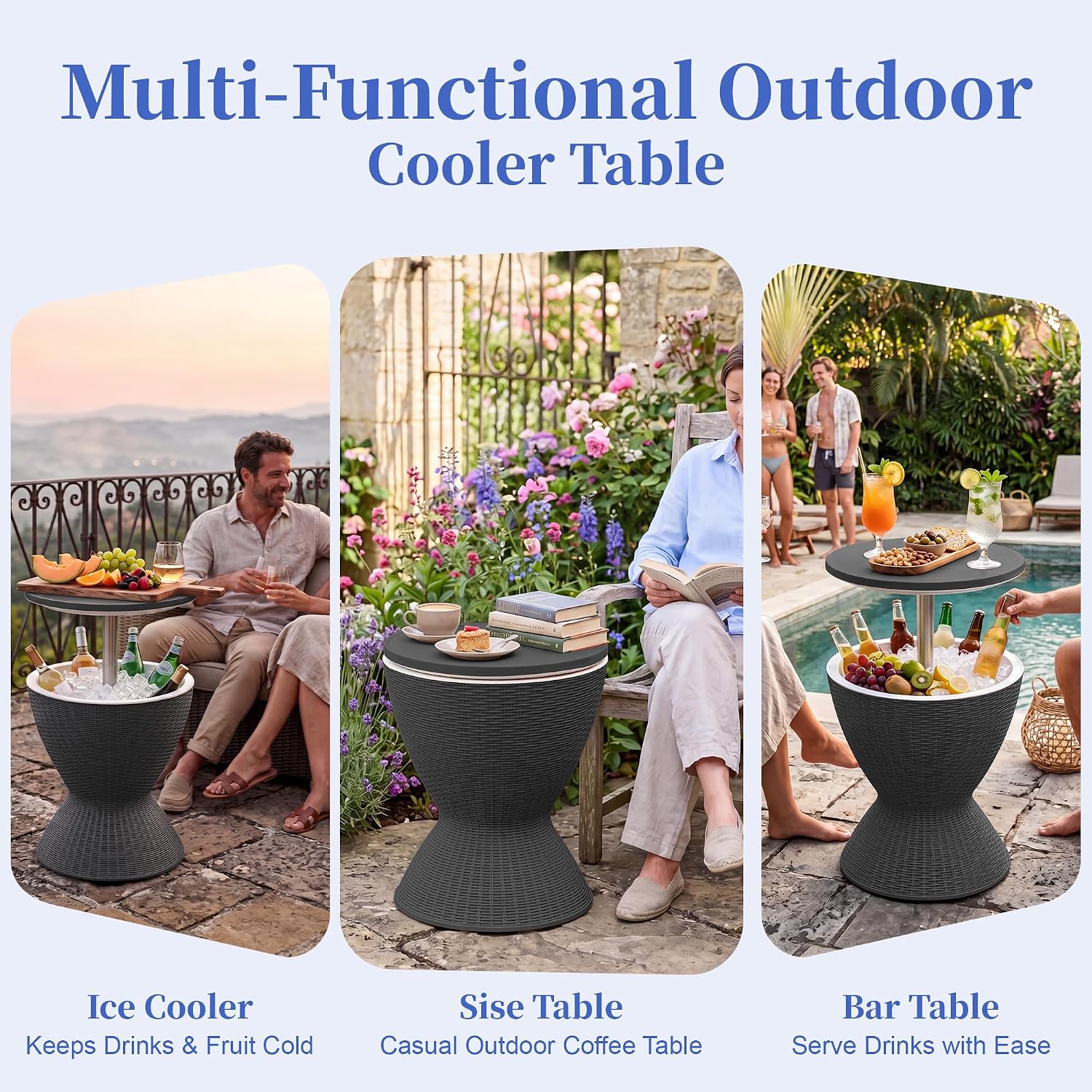 EFU Cooler Tables, 15 Gallon Cooler Bar Tables, Keeps Cold 12H | Multi-Functional Outdoor Cool Bar for Drinks Beer & Wine, with Drain Plug, Patio Furniture for Backyard, Pool, BBQ, Party