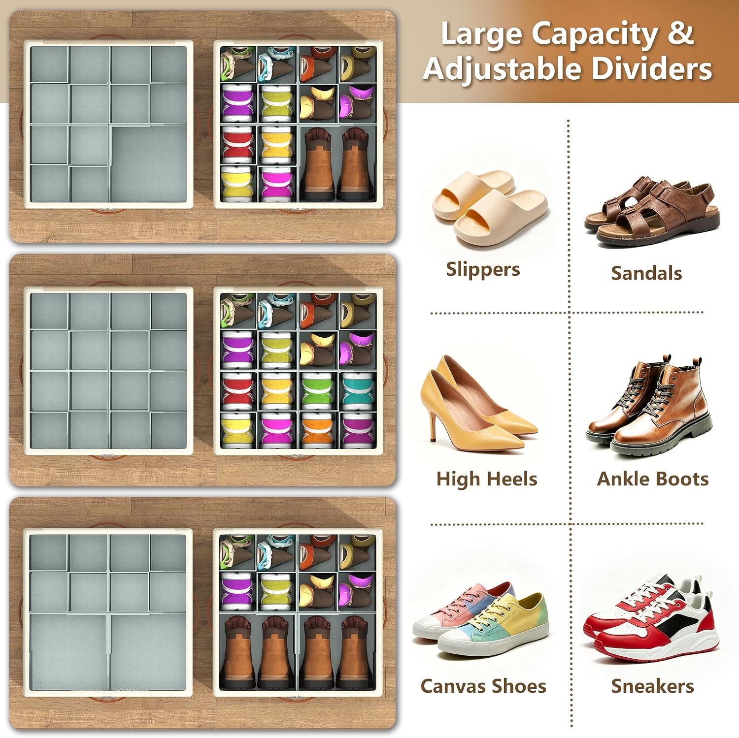 Shoe Organizer for Closet, 2 Pack Foldable Shoe Storage Organizer Box Bin with Adjustable Dividers and Clear Cover, Fits up to 16-32 Pairs（Grey&Beige）