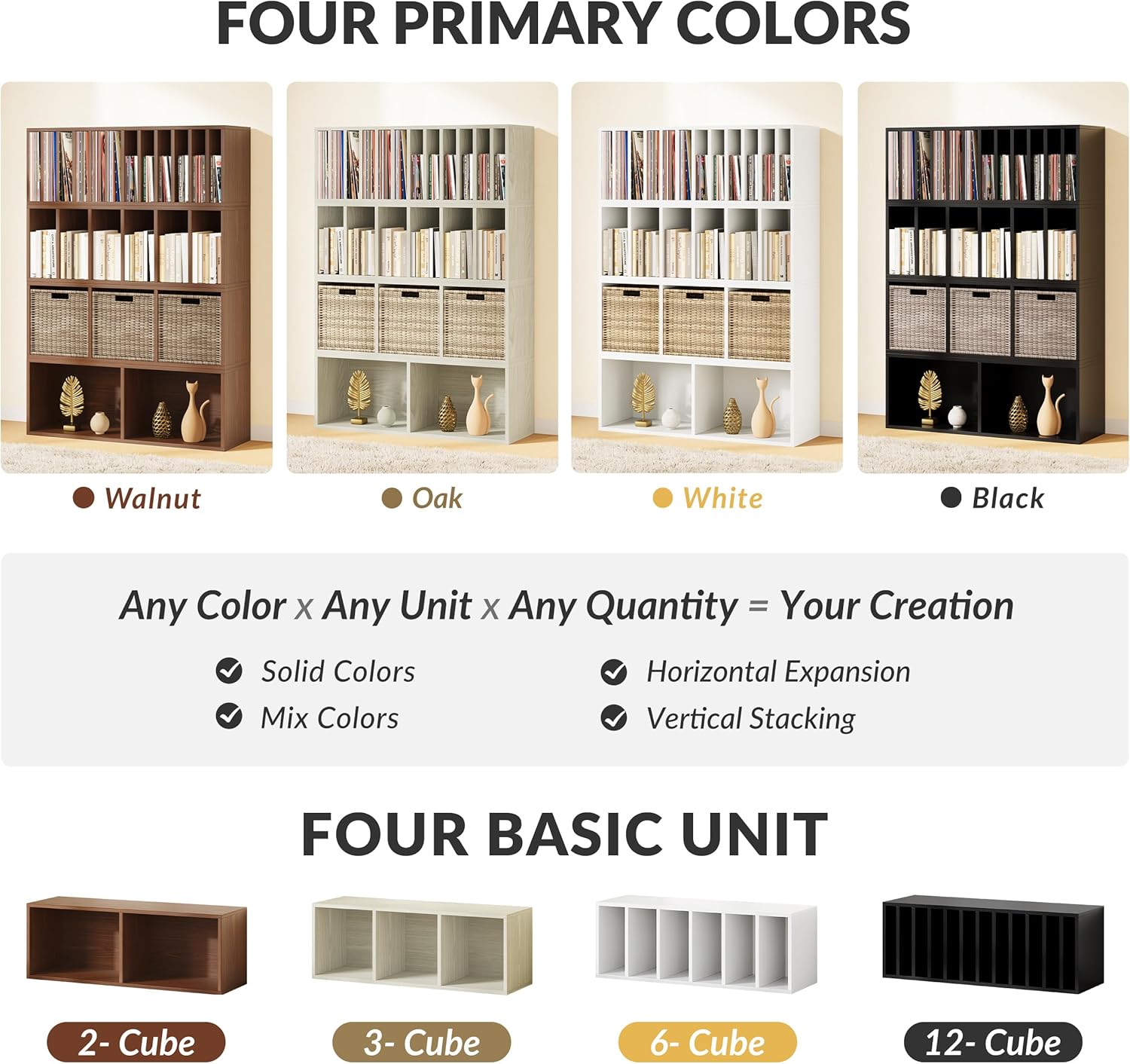 IOTXY DIY Modular Cube Bookcase - CubeXY Customizable Stackable Expandable Basic Shelving Units, 3-Cube Wooden Open Bookshelf for Fabric Storage Bin Organizer, Black