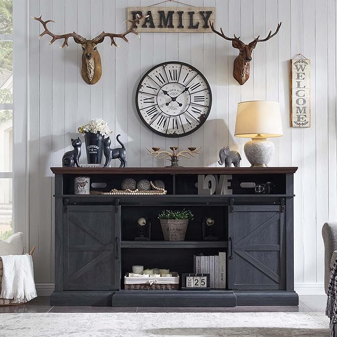 Farmhouse TV Stand for 80 Inch TVs, 37.4"Tall Entertainment Center w/Storage Cabinets and Sliding Barn Door, Media Console Cabinet w/Soundbar & Adjustable Shelves for Living Room, 70 inch (Dark Grey) | for 80 Inch TVs, 38" Tall, Storage Cabinets, Slidi...