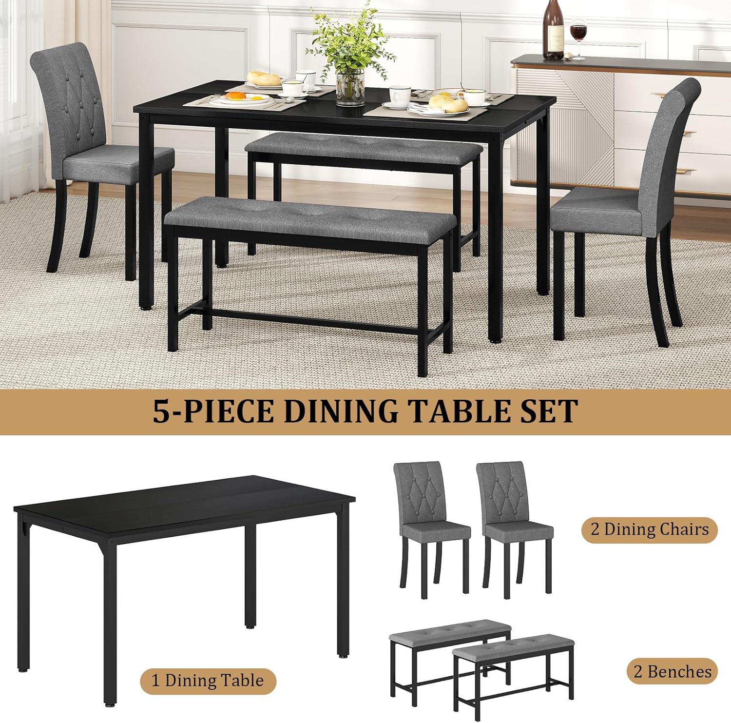 Rovibek Dining Table Set for 6, Rectangle Kitchen Table Set with 2 Upholstered Chairs & 2 Benches, 5-Piece Space Saving Dinner Table & Chairs Set for Dining Room, Kitchen, Restaurant, Grey & Black