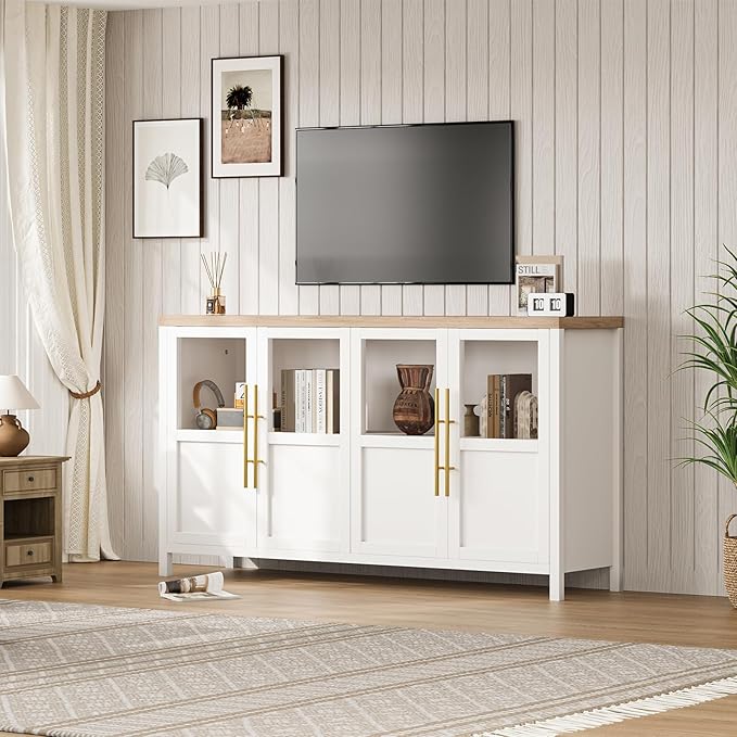 GarveeHome Sideboard Buffet Cabinet with 4 Glass Doors, 55" Buffet Table Coffee Bar Wine Bar Display Cabinet for Kitchen Dining Room, Living Room (White, Glass with 4 Doors)