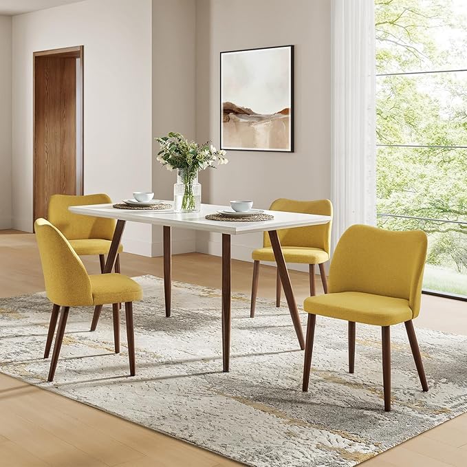 Dining Chairs Set of 4, Upholstered Kitchen Dining Room Chair Set Morden Accent Side Dinner Chair with Curved Padded Back Wood Legs for Restaurant/Cafe, Mustard