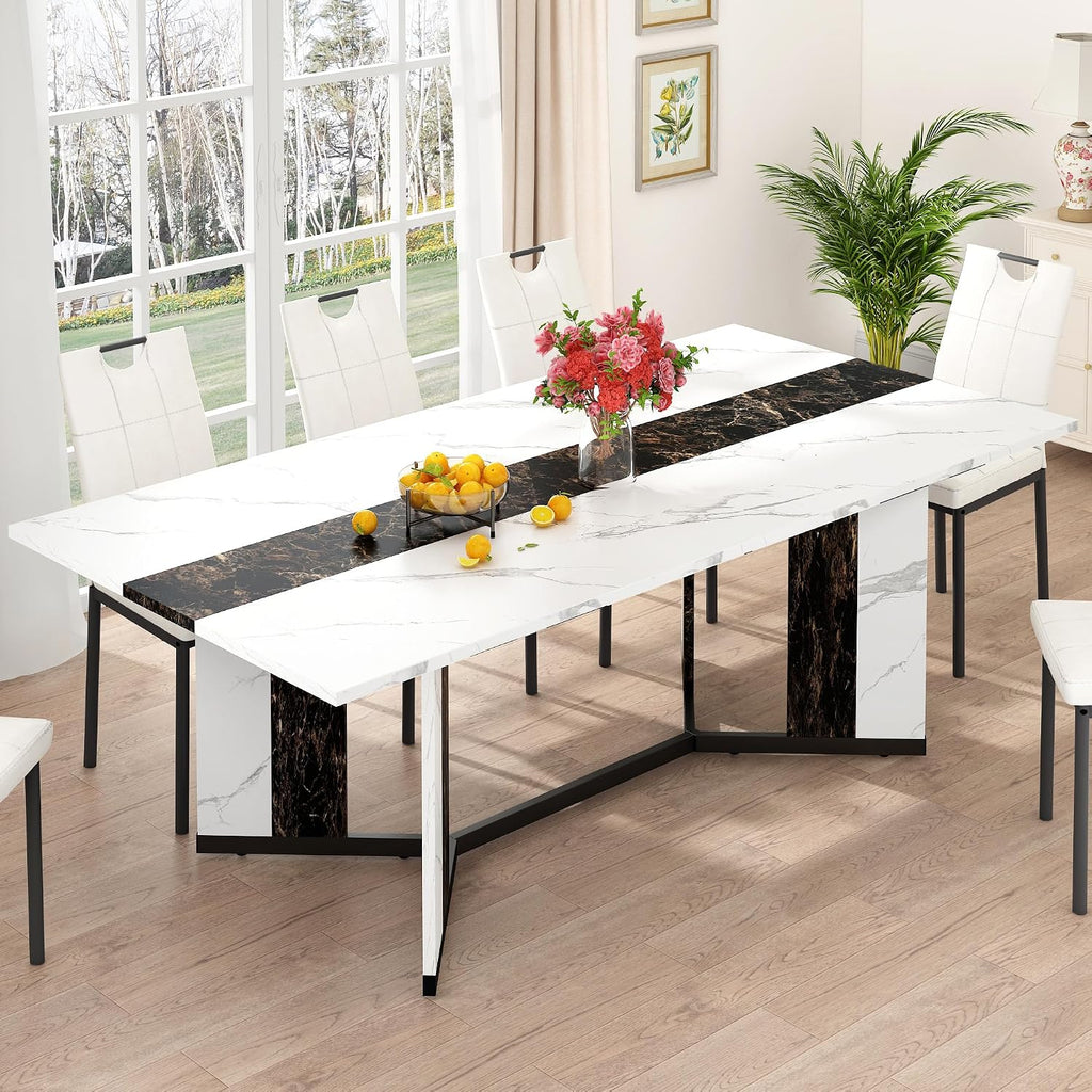 7-Piece Dining Table Set for 4 6 People, 71" Large Long Wooden Kitchen Table with 6 Cushion Chairs W/Waterproof Tabletop, Farmhouse Rectangular Dinner Table for Dining Room,Kitchen,Easy Clean