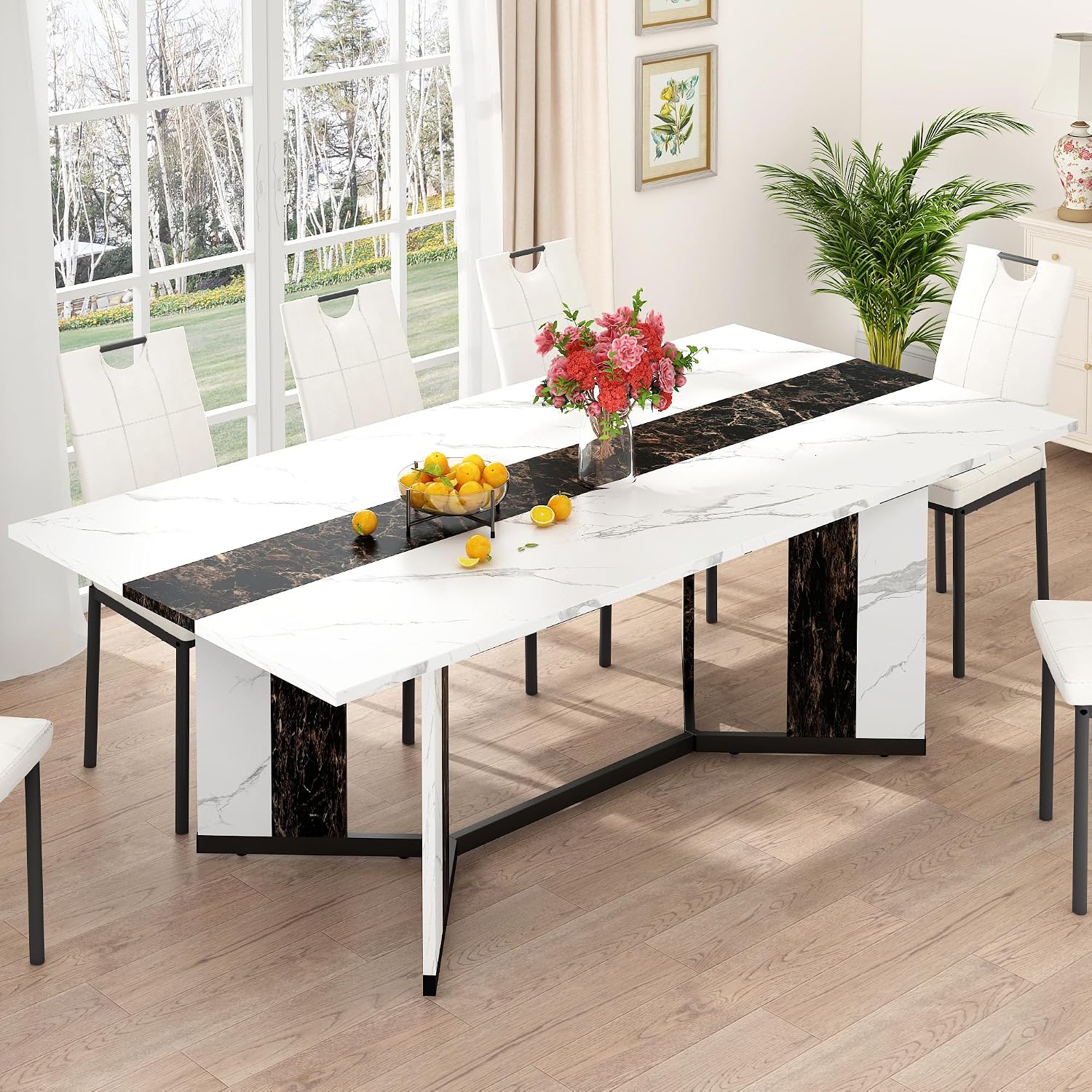 7-Piece Dining Table Set for 4 6 People, 71" Large Long Wooden Kitchen Table with 6 Cushion Chairs W/Waterproof Tabletop, Farmhouse Rectangular Dinner Table for Dining Room,Kitchen,Easy Clean
