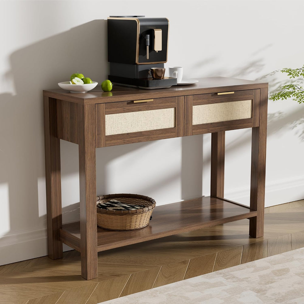 Boho Chic Console Table with 2 Rattan Drawers and Open Shelf Storage, Narrow ...