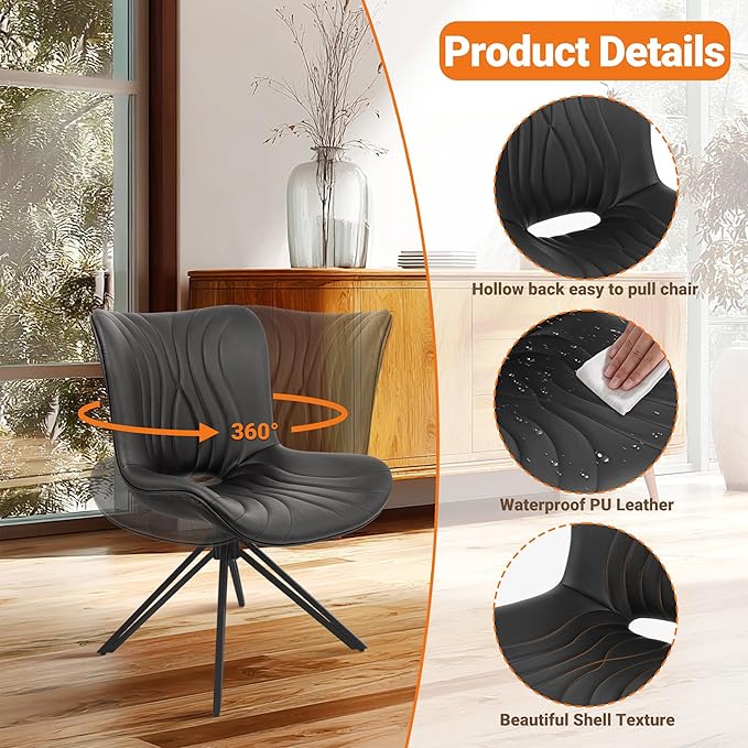 Dining Chairs Set of 4, 360° Swivel Upholstered Mid-Century Modern Kitchen Dining Room Chairs, Armless Faux Leather Accent Side Chair with Padded Back, Metal Leg, Black