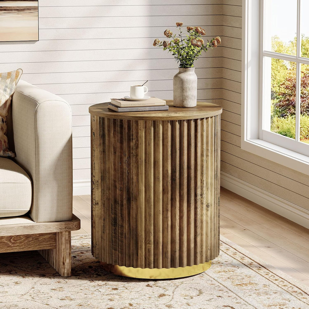 Tribesigns Fluted Round Side Table, Small Bedside Table for Sofa, Wooden Nigh...