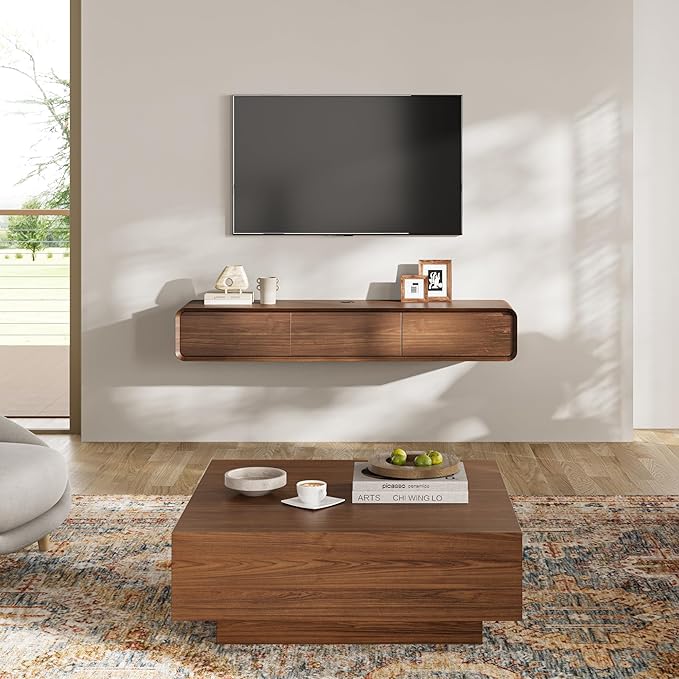 POVISON Fully-Assembled Minimalist Floating TV Stand, Modern Wall-Mounted Entertainment Center with 3 Flip-Down Cabinet Doors, Walnut, 63"