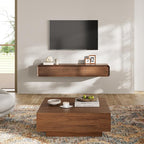 POVISON Fully-Assembled Minimalist Floating TV Stand, Modern Wall-Mounted Entertainment Center with 3 Flip-Down Cabinet Doors, Walnut, 63"