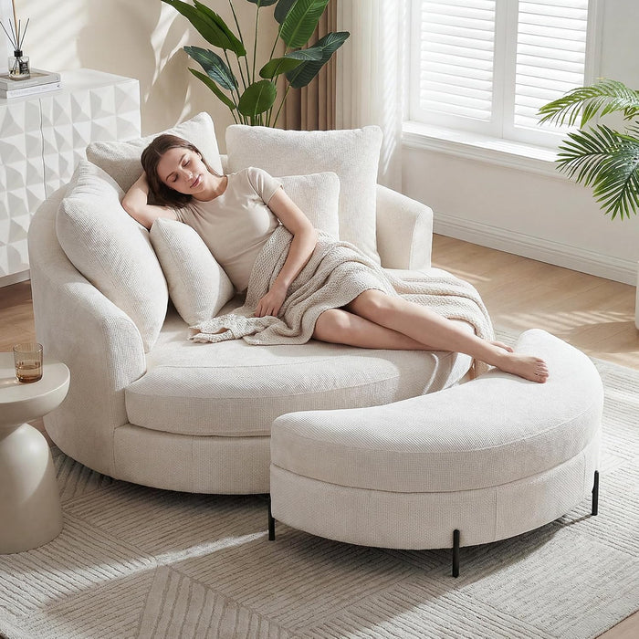 Aoiy & Wifon 59.8" W Oversized Barrel Chair with Ottoman, Round Chair with Ottoman, Extra Large Living Room Chair Set with Wheels, Knitted Chenille, Beige