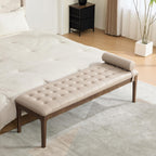 66" Upholstered End of Bed Bench with Headrest, Button Tufted (Taupe) | Nano Leather, Dark Walnut Legs, Bedroom & Entryway, Footstool Design, Window Bench Style