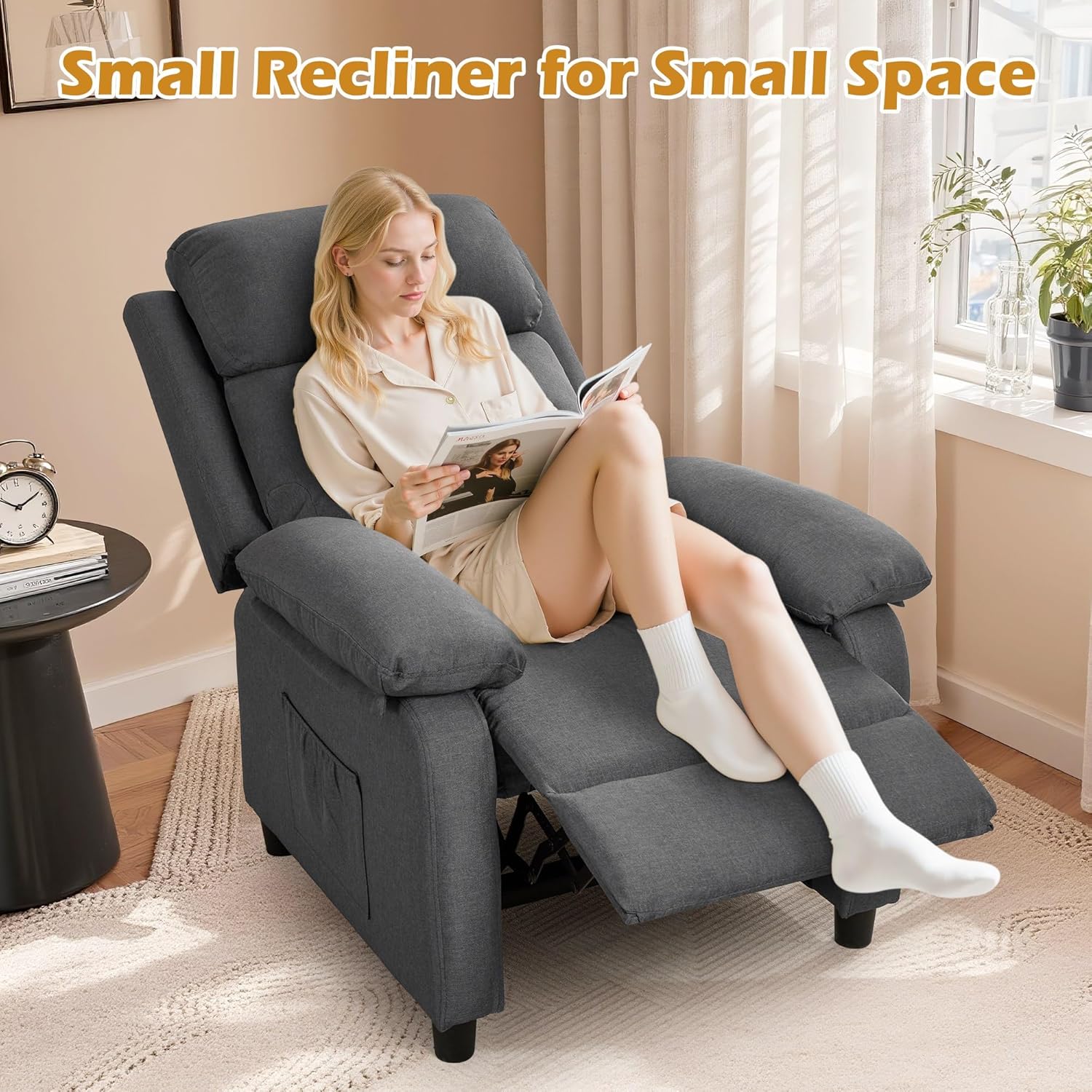Korser Recliner Chair, Living Room Chairs for Adults, Padded Deep Seat Reading Chair with Side Pockets, Small Recliners for Small Spaces, Lounge Chair for Living Room, Bedroom, and RV (Linen)