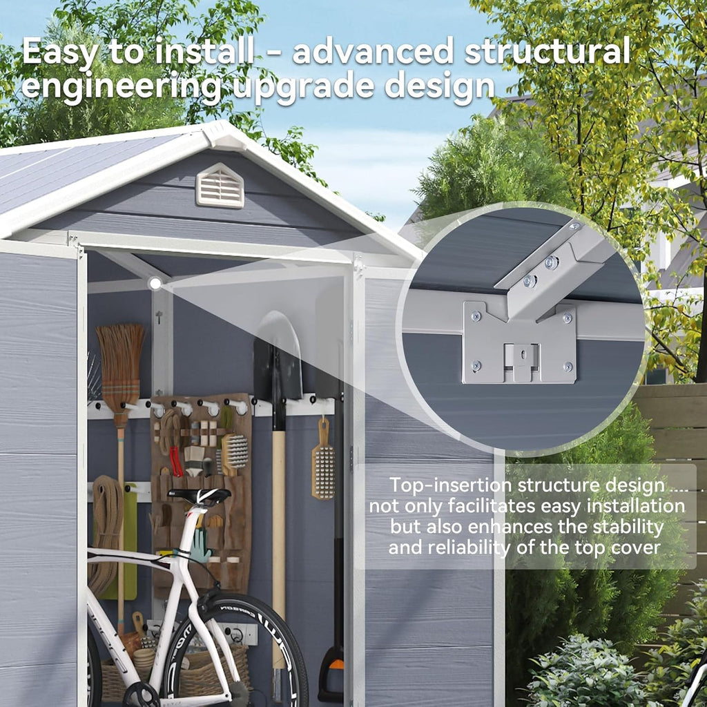 Aoxun 6X8 FT Resin Outdoor Storage Shed with Floor, Plastic Garden Shed with Lockable Door and Window, Tools House to Store Patio Furniture, Bike Accessories, Garbage Can and Lawn Mower - Grey