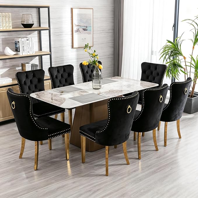 Mid Century Modern Dining Chairs Set of 8, Velvet Upholstered Tufted Back, Black Kitchen & Dining Room Chairs, Gold Metal Legs, Nailhead Trim, Sillas para Comedor (Black, 8 Pcs)