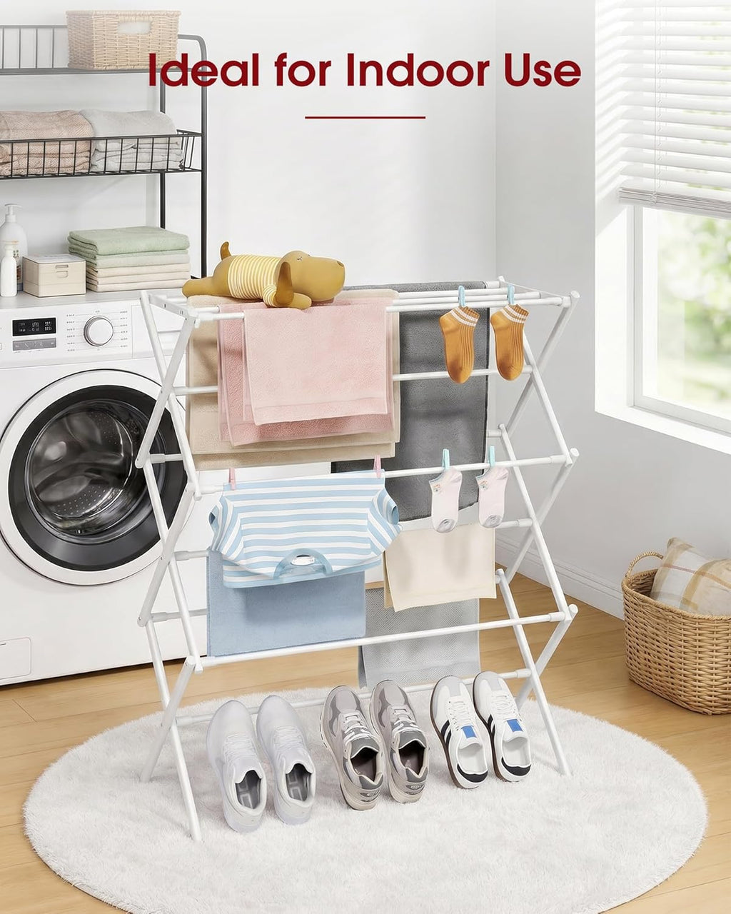 Sakugi Foldable Clothes Drying Rack – Metal Laundry Drying Rack with Non-Slip Feet, 3-Tier Space-Saving Clothing Rack for Organization, Indoor & Outdoor Use, 11.4" D x 29.1" W x 37.4" H, White