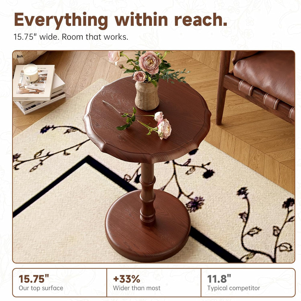 Vintage Pedestal Side Table, 100% Solid Wood Round End Table, Walnut | Small ...
