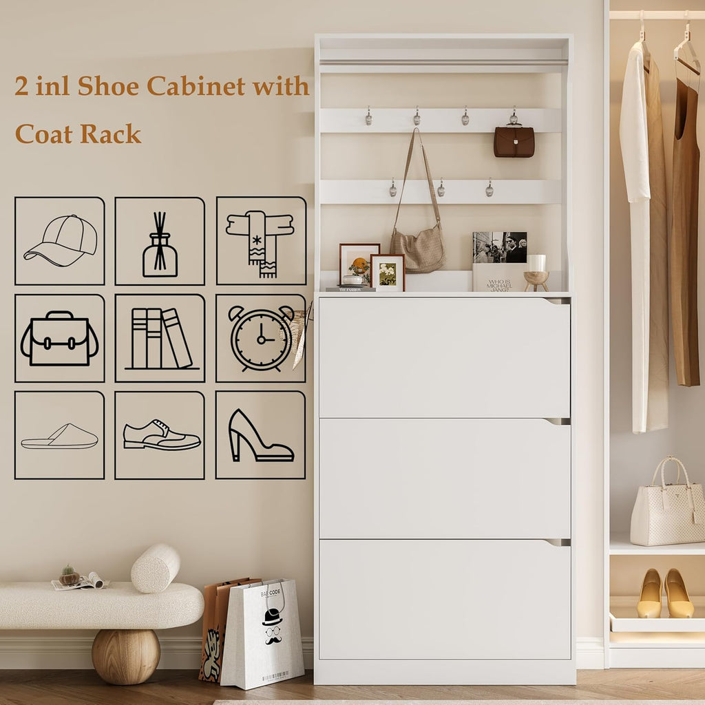 Tall Shoe Cabinet with Coat Rack, Hidden Shoe Storage Cabinet with Doors & Drawer, Hanging Bar & Hooks, Slim Narrow Freestanding Shoe Rack Organizer for Entryway, Hallway & Living Room, White