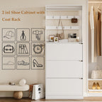 Tall Shoe Cabinet with Coat Rack, Hidden Shoe Storage Cabinet with Doors & Drawer, Hanging Bar & Hooks, Slim Narrow Freestanding Shoe Rack Organizer for Entryway, Hallway & Living Room, White