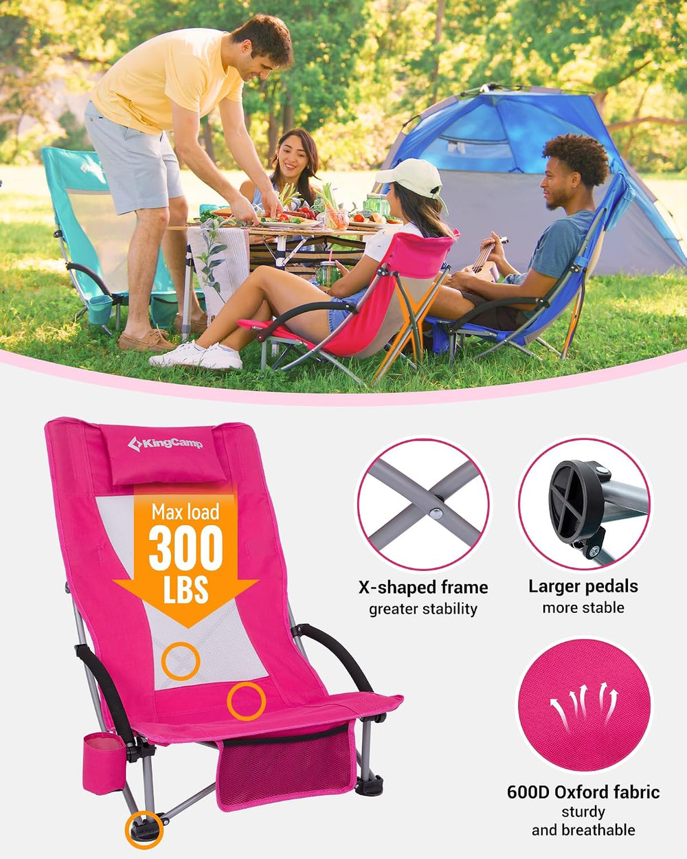 KingCamp Low Beach Chair, High Back Folding Camping Chair for Adults, Oversiz...