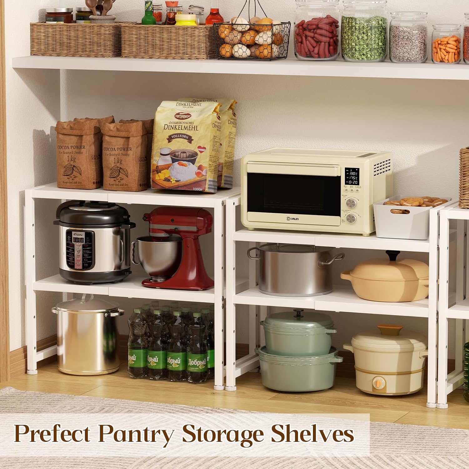2-Tier Expandable Kitchen Storage Shelf,150LBS Heavy Duty Metal Shelving Units For Small Appliance,Adjustable Pots and Pans Organizer Rack Shelves For Kitchen Counter Under Cabinet Garage Pantry,White