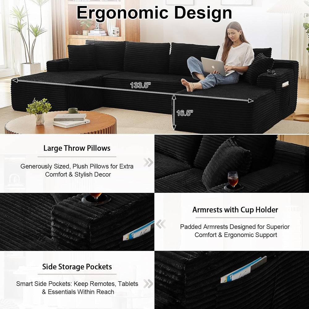 134 Inch Modular Sectional Sofa, Cloud Couch for Living Room | Modern Corduro...