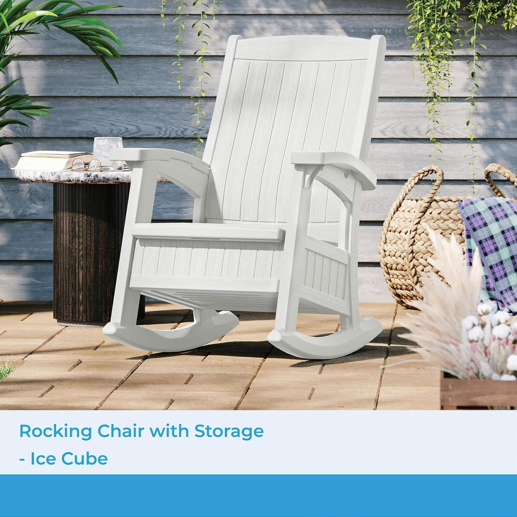 Suncast Outdoor Patio Rocking Chair with 7 Gal. of Under-Seat Storage, Stylish Faux Wood Outdoor Rocker for Patios, Ice Cube