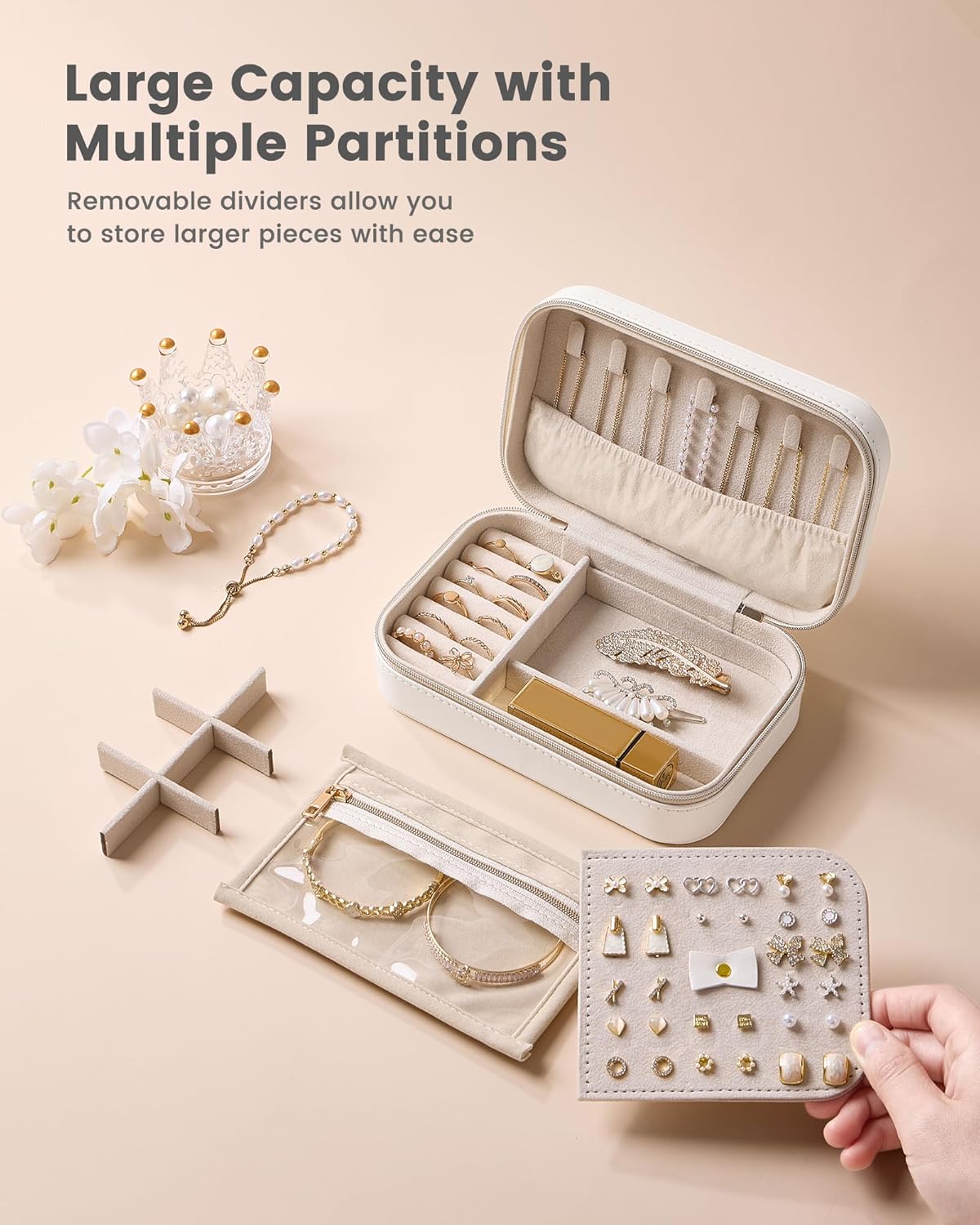 Lolalet Travel Jewelry Case for Women Girls, Travel Jewelry Organizer with Clear Storage Bag Small Portable Jewelry Box for Necklace Bracelet Earring Ring Valentines Bridesmaid Gifts -Medium/Beige