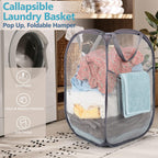BATTOO Deluxe Strong Mesh Pop up Laundry Hamper Basket with Side Pocket for Laundry Room, Bathroom, Kids Room, College Dorm or Travel 2 x Grey