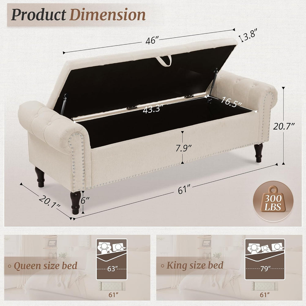 Cozyman Storage Bench Ottoman, 61" King Linen Rolled Arm Bedroom End of ...