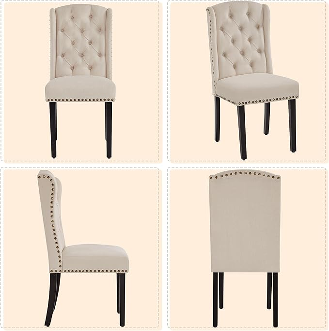Yaheetech Upholstered Dining Chairs Set of 4 Button Tufted Kitchen Chairs with Solid Wood Legs and Nailhead Trims for Dining Room, Living Room, Restaurant, Beige