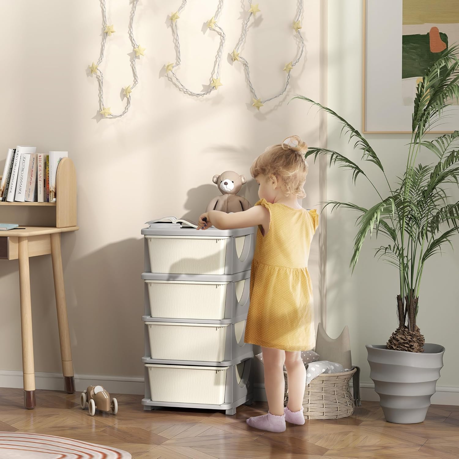 Qaba 4 Tier Kids Storage Unit, 4 Drawer Chest Toy Organizer Plastic Bins for Kids Bedroom Nursery Kindergarten Living Room for Boys Girls Toddlers, Cream White