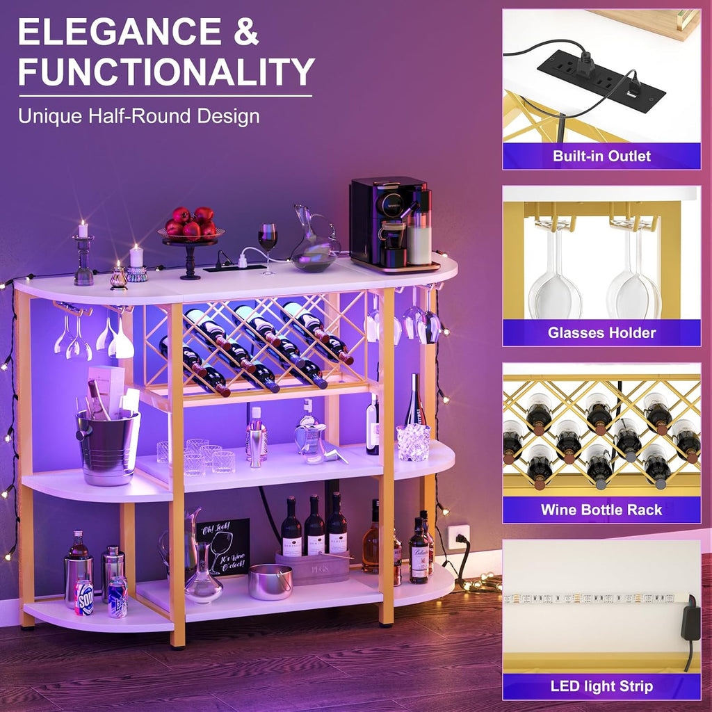Unikito 4-Tier Coffee Bar Cabinet with Outlet, LED Light & Glass Holder | Metal Frame, Wine Storage, Bakers Rack, Floor Bar Table for Kitchen Dining Room, White and Gold