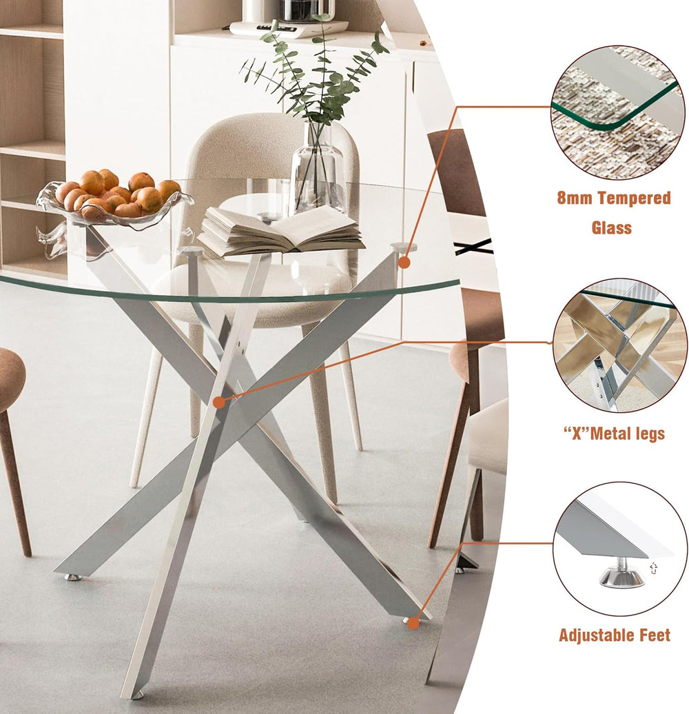 7-Piece Round Glass Dining Table Set for 6, 47" Circle Kitchen Table wit...