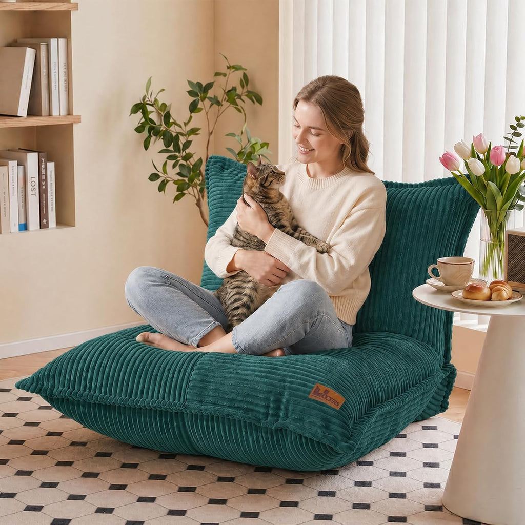 L-Shaped Oversized Bean Bag Chair(L-Green) | Fluffy Memory Foam Beanbag with Corduroy Fabric for Adults Teens Kids, Lounge Floor Sofa Chair for Living Room Bedroom