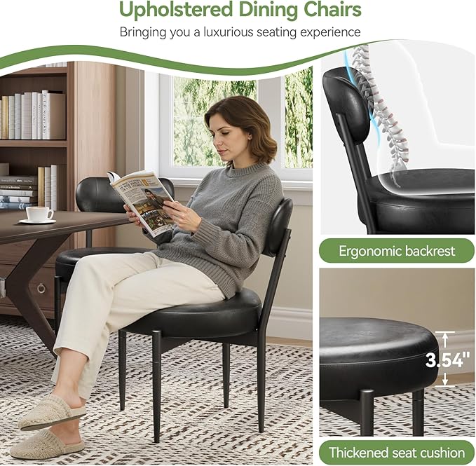 Upholstered Dining Chairs Set of 4, PU Leather Dining Room Chairs with Sturdy Metal Legs, Kitchen Chairs for Dining Room/Kitchen/Restaurant/Hotel, Modern Style, Black