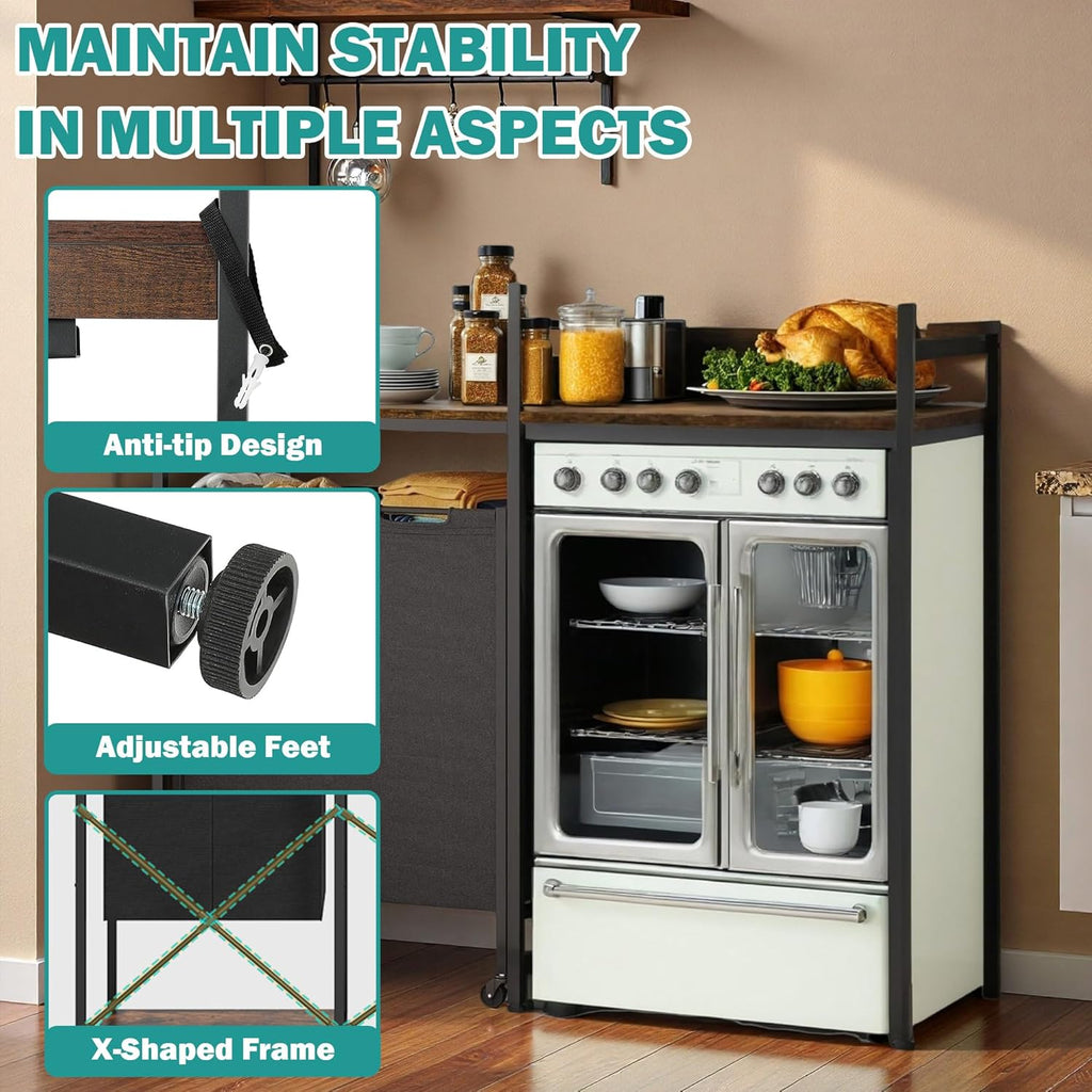 YITAHOME Kitchen Microwave Stand Bakers Rack with Shelf, 55" Large Kitchen Storage Shelf with Rolling Wheeled Storage Baskets/Hooks, Coffee Bar Table Station with Dining Room, Retro Brown