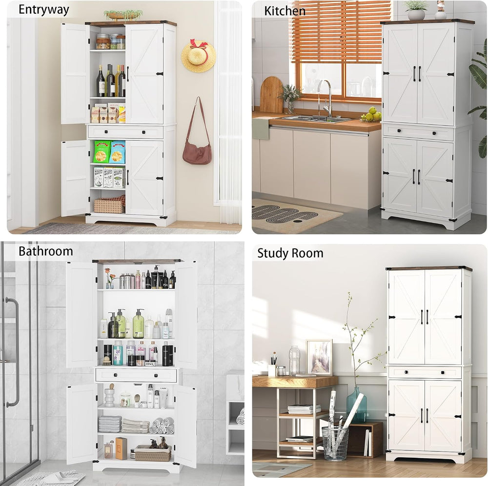 71" Tall Kitchen Pantry Storage Cabinet with Drawer & 4 Barn Doors, ...