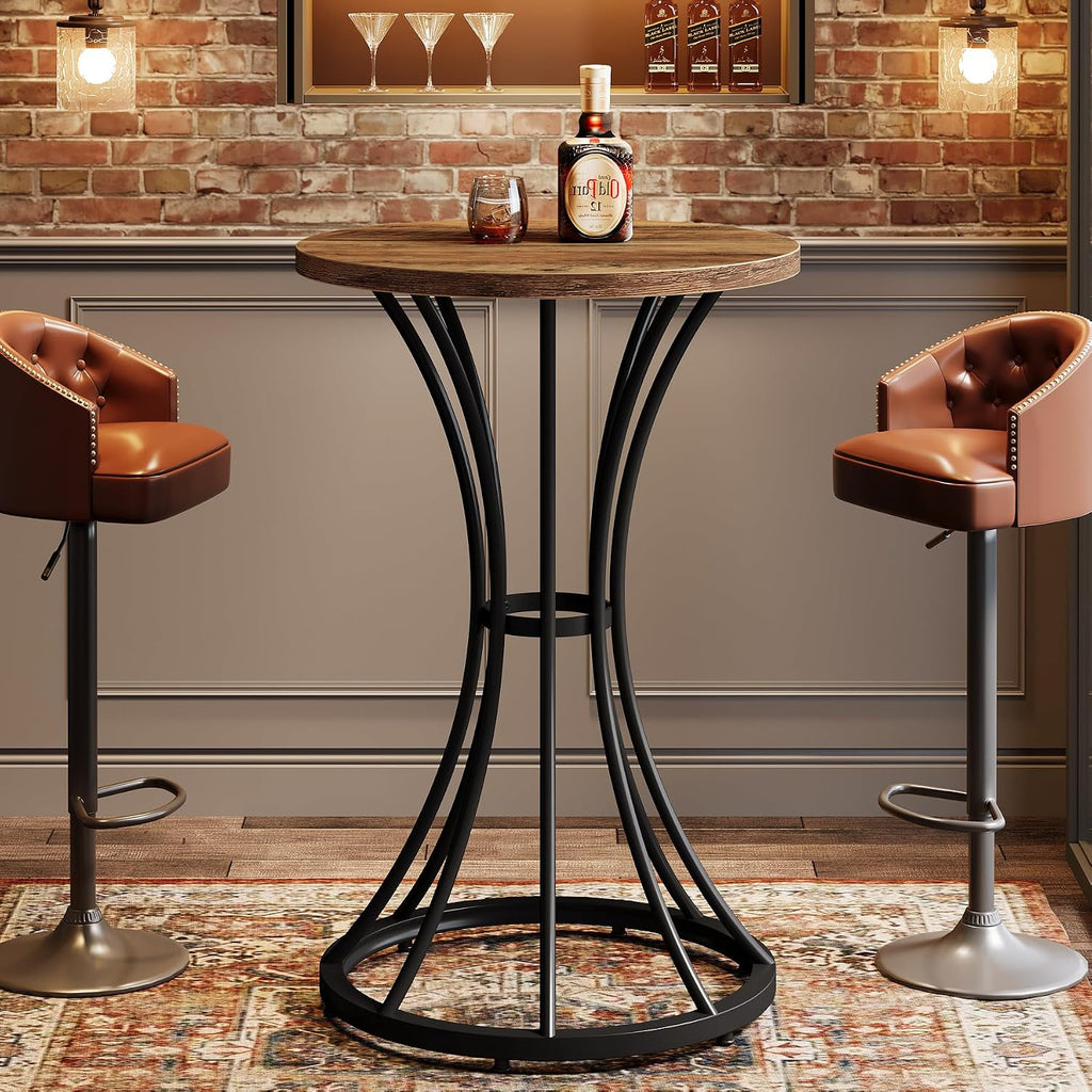Tribesigns Round Bar Table for 2, 37.4" H Cocktail Table with Curved Metal Base, Coffee Pub Table for Spaces, Living Room, Kitchen, or Party (Brown & Black) (4)