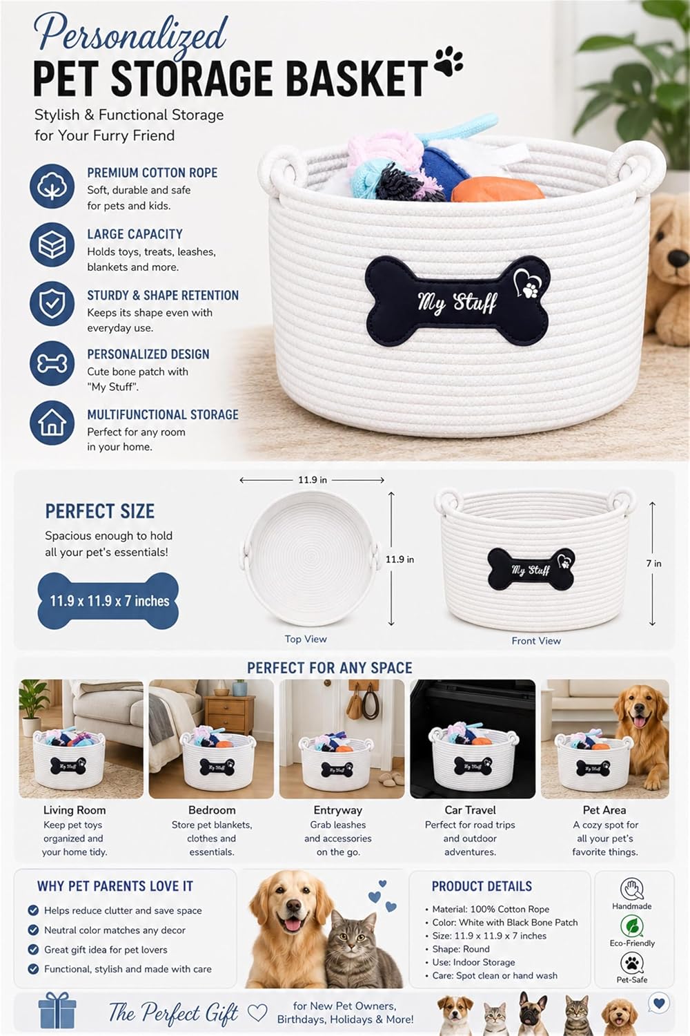 JUPPE Pet Dog Basket with Personalized Name, Dog Toys Storage Organizer Custom Cotton Rope Basket Nursery Decor (Pet Dog Basket)
