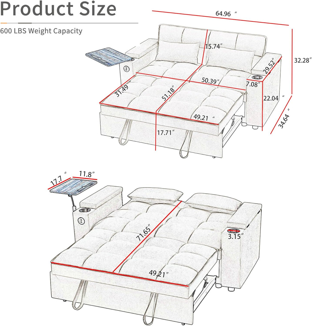Auvsoce 65'' Convertible Sleeper Sofa Bed with Adjustable Backrest, Chaise Lounge, Side Table & USB/Type-C Ports – Stylish & Functional Addition to Any Living Room (Khaki)