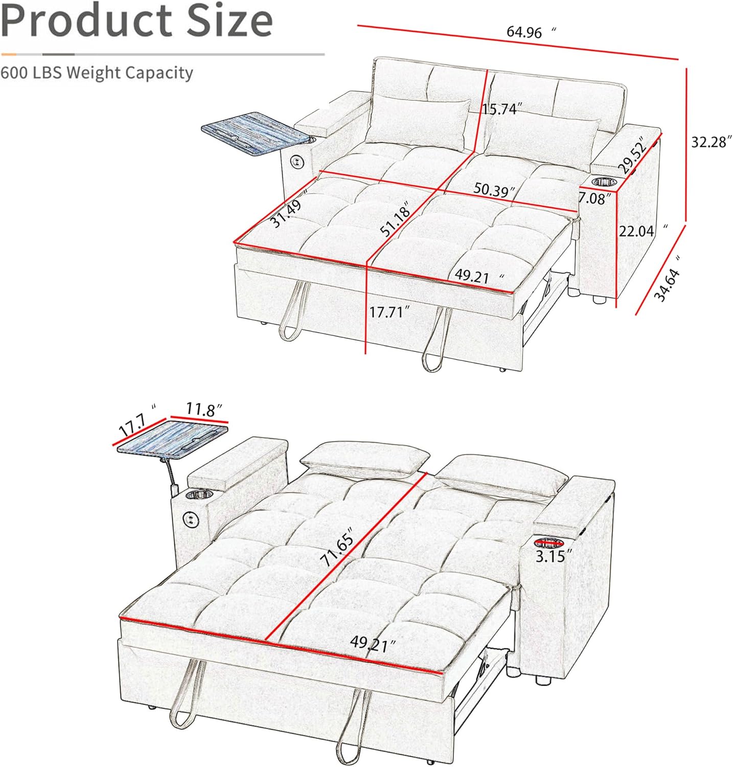 Auvsoce 65'' Convertible Sleeper Sofa Bed with Adjustable Backrest, Chaise Lounge, Side Table & USB/Type-C Ports – Stylish & Functional Addition to Any Living Room (Khaki)