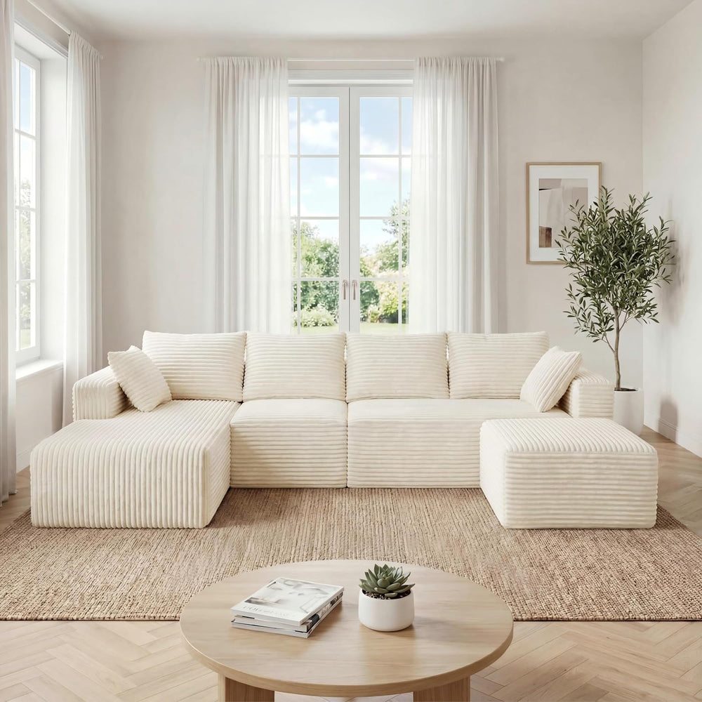 118" U-Shaped Modular Sectional Sofa Set,Soft Corduroy Cloud Couch with ...