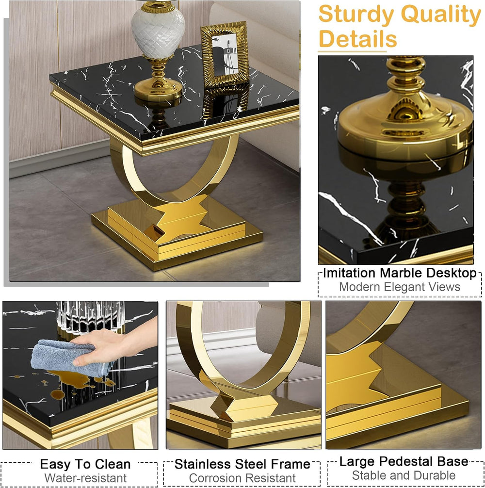 Modern Marble End Table, 22.8" Square Black Side Tables with Gold Stainl...