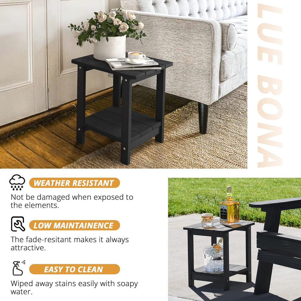LUE BONA Outdoor Side Table, 2-Tier HDPS Small Patio Table, Black | 2-Tier Sh...