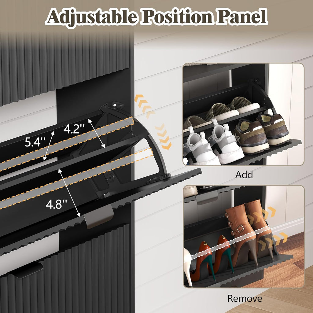 HUANLEGO Shoe Cabinet Storage for Entryway with 2 Flip Drawers, Fluted Narrow Shoe Organizer with Wooden Legs, Freestanding Slim Shoe Storage Hidden Shoe Rack Organizer for Front Door Entrance, Black