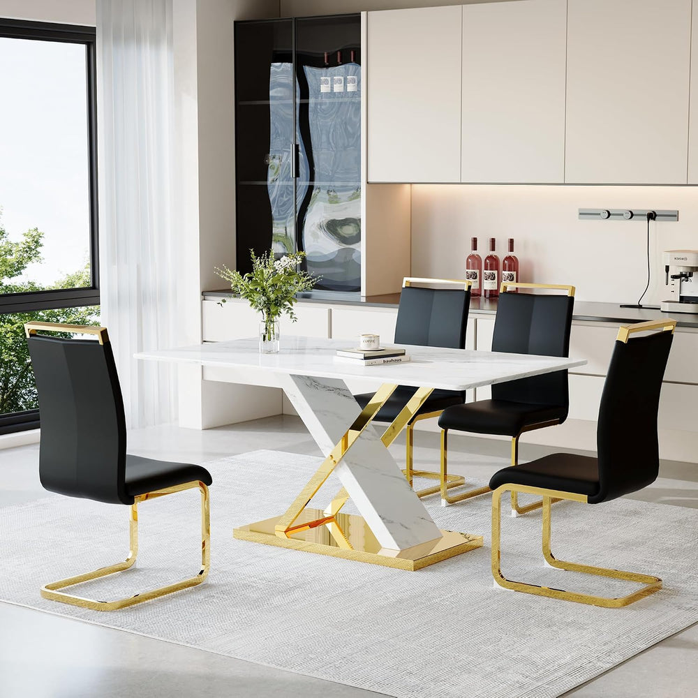 YUNDREAM Modern Marble Dining Table Set for 4,White Gold 63'' Dining ...