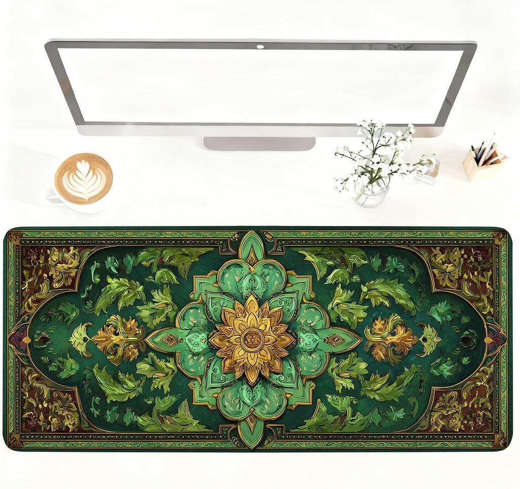 Green Vintage Floral Mouse Pad – Large Extended Desk Mat 35.43 x 15.75 in – Ornate Oriental Carpet Design with Gold & Emerald Motif, Waterproof Surface,Keyboard & Mouse Pad for Office & Home