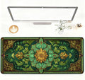 Green Vintage Floral Mouse Pad – Large Extended Desk Mat 35.43 x 15.75 in – Ornate Oriental Carpet Design with Gold & Emerald Motif, Waterproof Surface,Keyboard & Mouse Pad for Office & Home